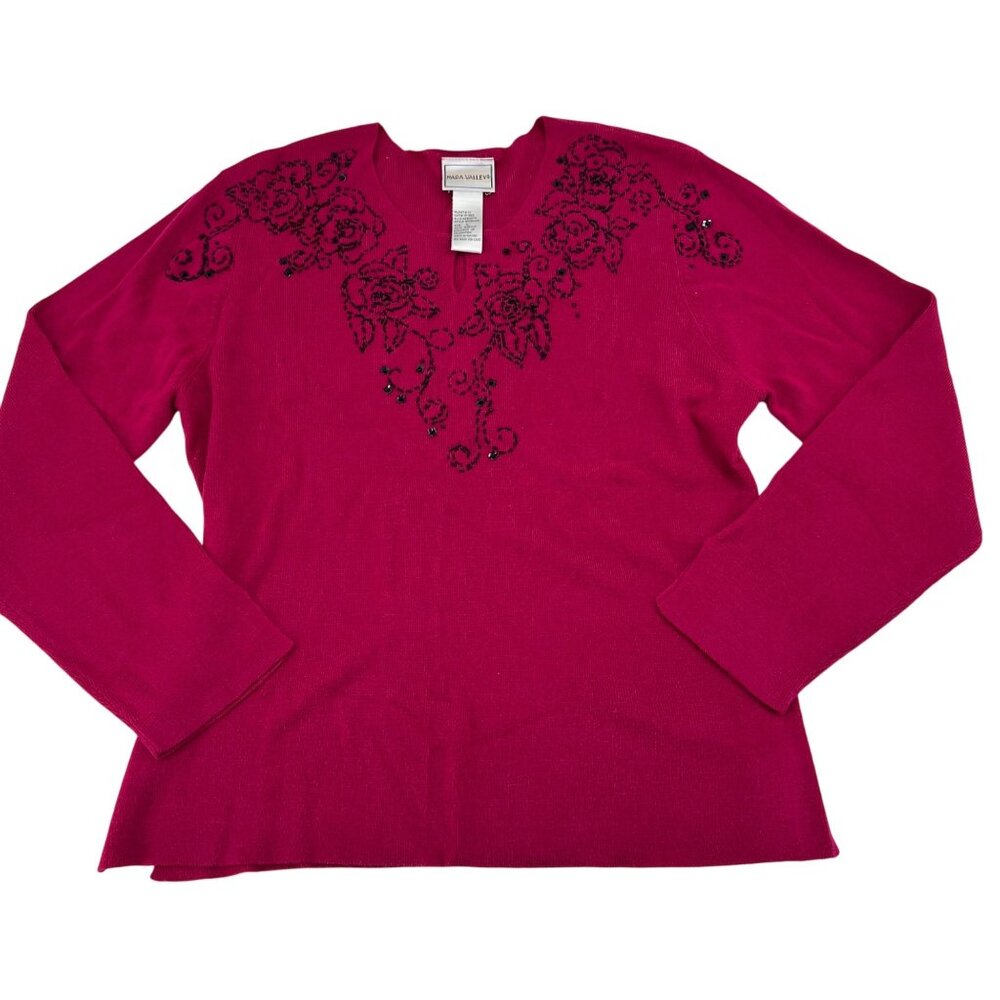 Napa Valley Womens Vintage Pink Sweater W/‎ Black Beaded Floral Design Acrylic L
